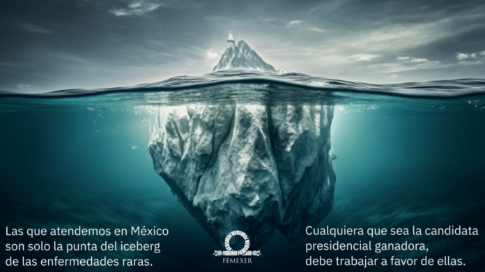 Un iceberg flotando en el océano (imagen generada por IA). «Las enfermedades raras que atendemos en México son solo la punta del iceberg. Cualquiera que sea la candidata presidencial ganadora, ella deberá trabajar a favor de las enfermedades raras». Dreamstime.com ID 275475765 © VectorUp.