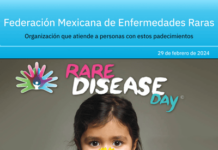 Revista «FEMEXER», núm. 1, portada. Tema monográfico sobre el Día de las Enfermedades Raras 2024 (DiMER 2024). Una niña pequeña cubre la mitad inerior de su cara con una flor margarita. El logo de Rare Disease Day y el titular aparecen arriba de la pequeña.