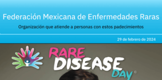 Revista «FEMEXER», núm. 1, portada. Tema monográfico sobre el Día de las Enfermedades Raras 2024 (DiMER 2024). Una niña pequeña cubre la mitad inerior de su cara con una flor margarita. El logo de Rare Disease Day y el titular aparecen arriba de la pequeña.