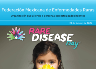 Revista «FEMEXER», núm. 1, portada. Tema monográfico sobre el Día de las Enfermedades Raras 2024 (DiMER 2024). Una niña pequeña cubre la mitad inerior de su cara con una flor margarita. El logo de Rare Disease Day y el titular aparecen arriba de la pequeña.