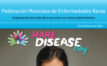 Revista «FEMEXER», núm. 1, portada. Tema monográfico sobre el Día de las Enfermedades Raras 2024 (DiMER 2024). Una niña pequeña cubre la mitad inerior de su cara con una flor margarita. El logo de Rare Disease Day y el titular aparecen arriba de la pequeña.