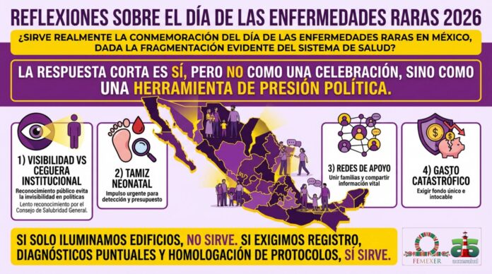 2026-dimer-reflexiones-david_web Cartel que dice: «¿Sirve realmente la conmemoración del Día de las Enfermedades Raras en México, dada la fragmentación evidente del sistema de salud? La respuesta corta es SÍ, pero no como una celebración, sino como una herramienta de presión política. 1 Hay que atender la visibilidad contra la ceguera institucional. Y habrá que decir que sin este día en el que se reconocen a las enfermedades raras, el universo de mexicanos que las padecen quedaría invisibilizado en las políticas sanitarias públicas. En un esfuerzo extraordinario, hemos logrado que el Consejo de Salubridad General finalmente las reconozca, aunque el reconocimiento fue lentísimo y anquilosado. Este día le recuerda al Estado que raro no significa invisible. 2 El impulso al tamiz neonatal. Esto representa una tarea impostergable. México apenas detecta una fracción, comparado con otros países de Latinoamérica. Haciendo ruido como lo hacemos en este día, termina por resultar la única forma en que el presupuesto para estas pruebas no termine por recortarse aún más. 3 ¿Qué de las redes de apoyo en un sistema roto? Cuando el sistema de salud falla, cosa que sucede frecuentemente, son las redes de pacientes que salvan vidas. Este día une a familias que normalmente se sienten aisladas y facilita para ellas el intercambio de información esencial para trabajar sobre sus temas. 4 La batalla por el gasto catastrófico. Debido a la fragmentación de nuestro sistema de salud, una gran cantidad de enfermedades no está cubierta por el fondo de salud para el bienestar. Este día sirve para recordarles la necesidad de un fondo único, intocable para nuestras enfermedades. Conclusión Si la llamada conmemoración se queda solo en iluminar edificios con luces de colores, reunirnos para foto en el Congreso, escuchar las buenas intenciones, entonces no sirve para nada. Pero sí sirve para lo siguiente: para exigir el registro, denunciar retrasos en diagnósticos y exigir también la homologación de protocolos médicos para las todas las enfermedades raras con tratamiento existente. Y así entenderíamos que este día se significa como una de las pocas armas o instrumentos que tienen los pacientes para no ser olvidados por la burocracia gubernamental.»