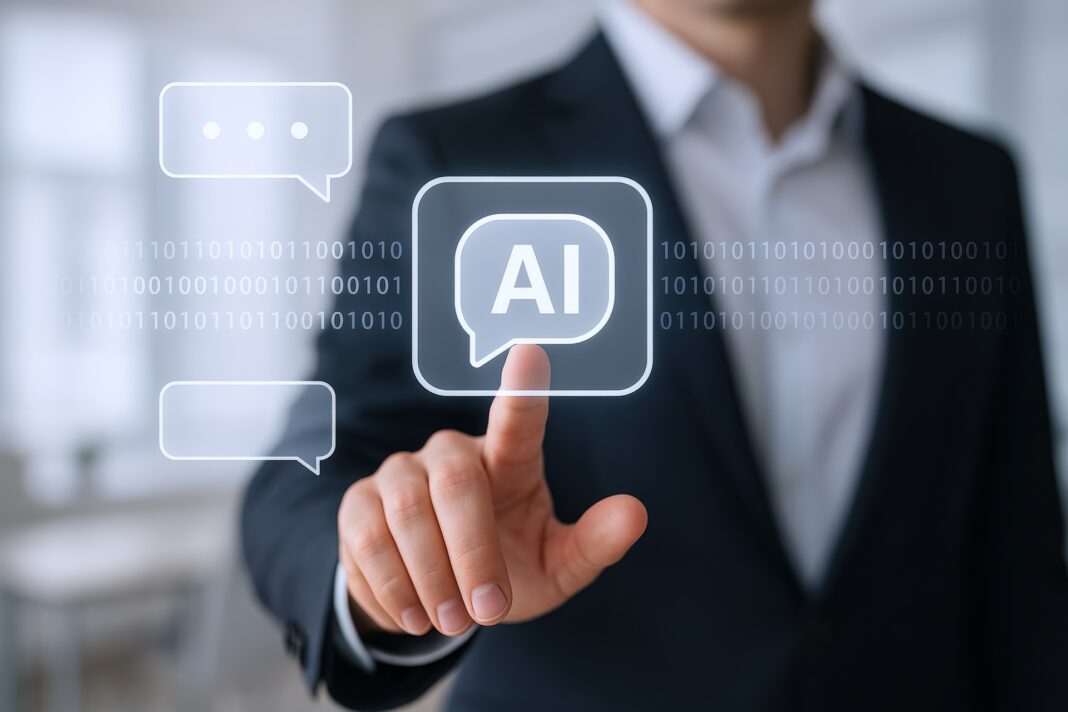 medium-vecteezy_ai-assistant-interface-businessman-interacting-with_70679606_medium Un hombre haciendo clic en una pantalla digital vertical, con ilustraciones de IA y circuitos conectados.