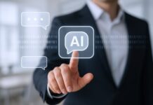 Recursos de IA para diagnosticar EE. RR. Un hombre haciendo clic en una pantalla digital vertical, con ilustraciones de IA y circuitos conectados.