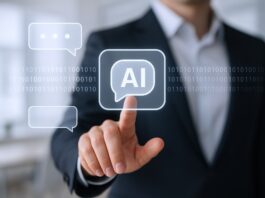 Un hombre haciendo clic en una pantalla digital vertical, con ilustraciones de IA y circuitos conectados.