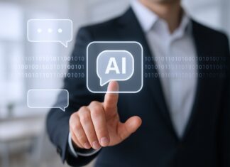 Un hombre haciendo clic en una pantalla digital vertical, con ilustraciones de IA y circuitos conectados.