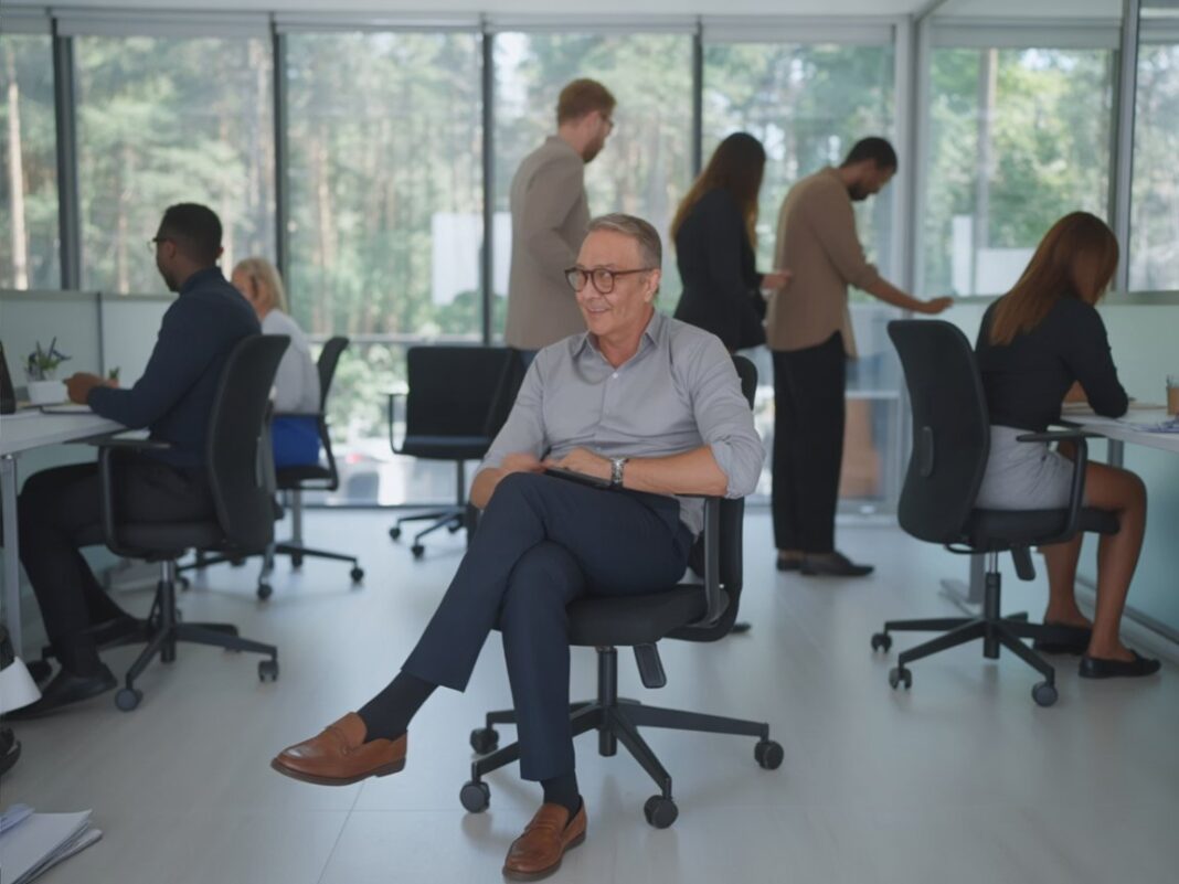 david-trabajando-oficina-frente-bosque_IA-ideogram.ai-2 Un hombre de mediana edad, sentado en una silla con ruedas, en el centro de una oficina con grandes ventanales y con otros colaboradores